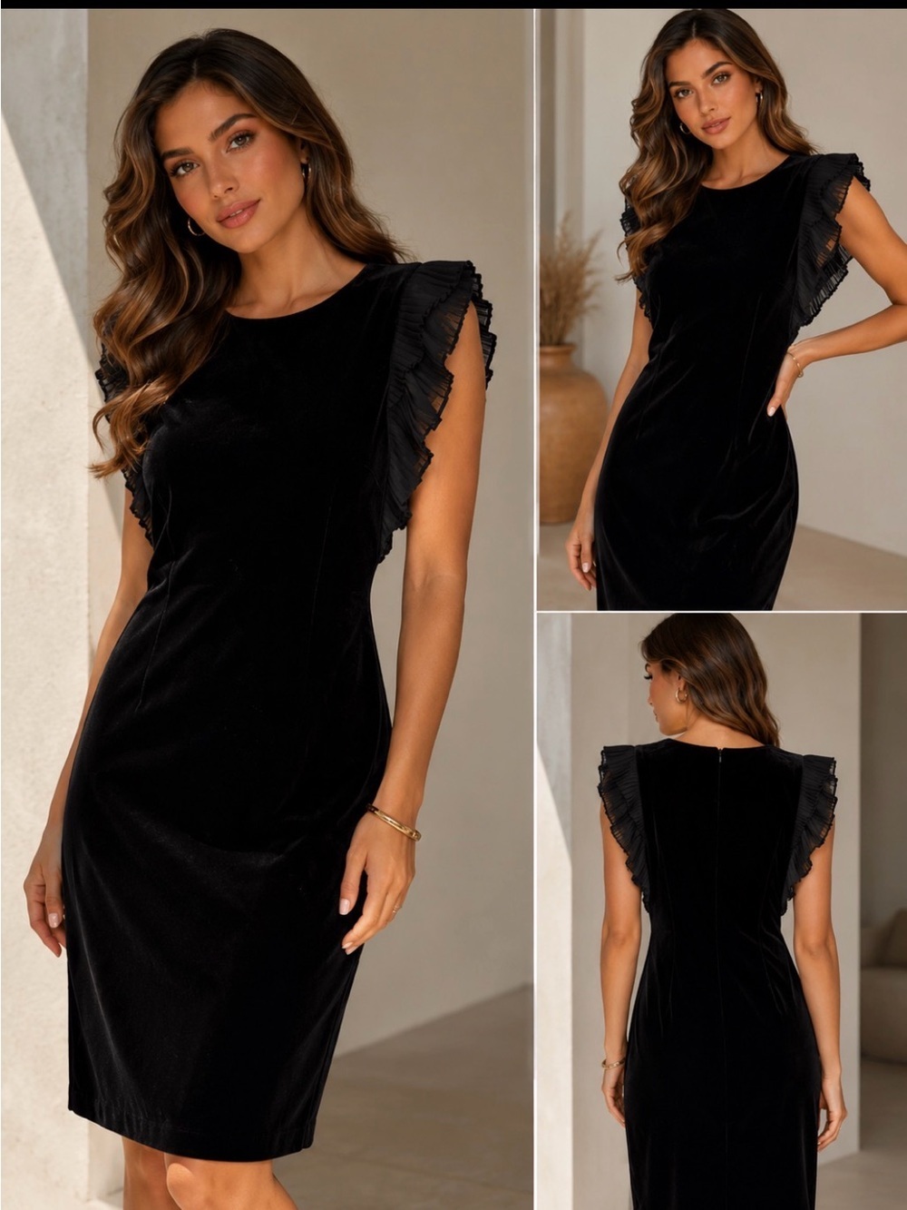 Harper Rose Black Velvet Ruffle Sleeve Sheath Cocktail Dress Size 8 Elegant